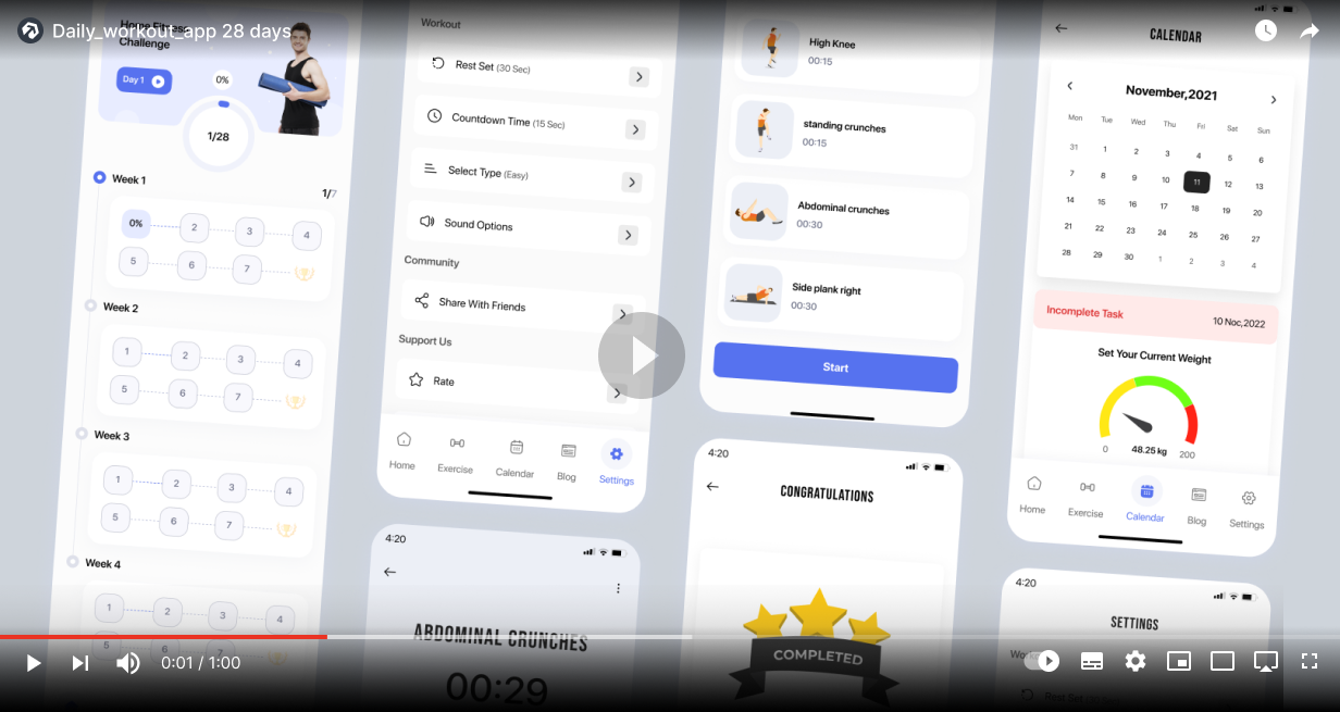 28-Day Home Ab Workout Challenge in Flutter Full app with admob ads | Android, ios app
