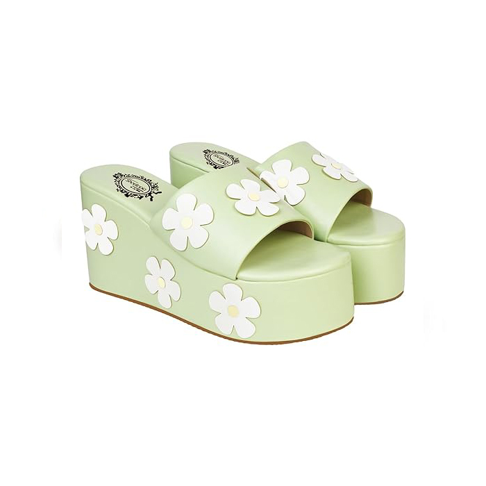 Shoetopia Flower Printed Detailed Green Platform Heels for Women & Girls